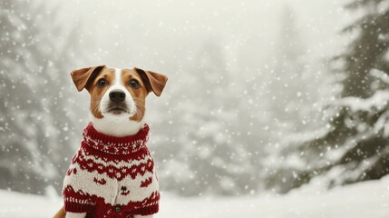 Poster - Small dog wears a cozy red and white sweater while sitting in a snowy outdoor setting with trees in the background. Generative AI