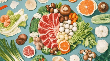 Wall Mural - Vibrant Top-Down View of Japanese Hotpot Ingredients