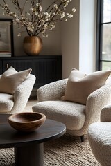 Wall Mural -  Minimalist, scandinavian interior design of modern living room. Two boucle armchairs near round black coffee table. 