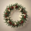 © vilavanh - Decorative circular wreath featuring mixed greenery and holly branches tied with cream-colored ribbon and clear glass bells, Christmas wreath, clear glass bell, winter wreath