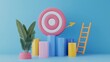 © Nicat - 3D target icon on a bar graph with ladders, representing financial growth and investment.