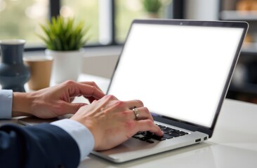 fingers typing blank white screen laptop. for mockup business