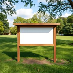 Wall Mural - Wooden information board, park setting, green grass, trees in background, sunny day, outdoor signage, blank white display, simple wooden frame, natural surroundings, public notice board, community bul