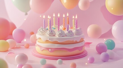 3D illustration of a cute birthday cake with candles, in pastel colors on a light pink background