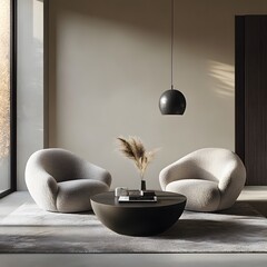 Wall Mural -  Minimalist, scandinavian interior design of modern living room. Two boucle armchairs near round black coffee table. 