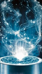 Wall Mural - Visual representation of energy emanating from a circular surface in a dark blue environment