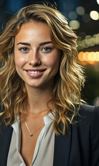 Wall Mural - A close-up of a white businesswoman posing by a window at a late-night office in a big city with skyscrapers. CEO grinning and facing the camera 
