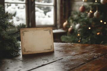 Wall Mural - blank christmas card leaning on wooden table with decorated tree and snowy window in background