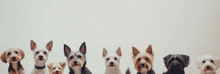 Poster - Various breeds and sizes of dogs sit side by side, creating a joyful gathering perfect for showcasing text above them. Generative AI