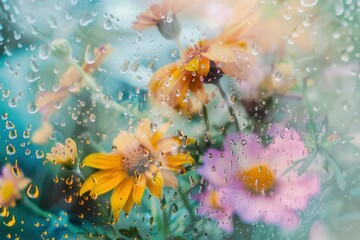 Wall Mural - Raindrops on vibrant flowers in a soft focus