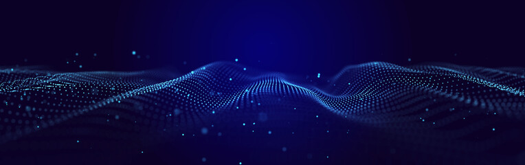 Leinwandbilder - Futuristic background of moving, glowing particles on a black background. Large amount of data. 3D rendering.