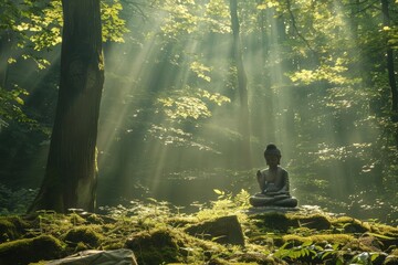 Wall Mural - Buddha statue in serene forest light