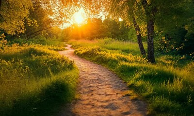 Wall Mural - serene path through a sunlit forest at sunset.