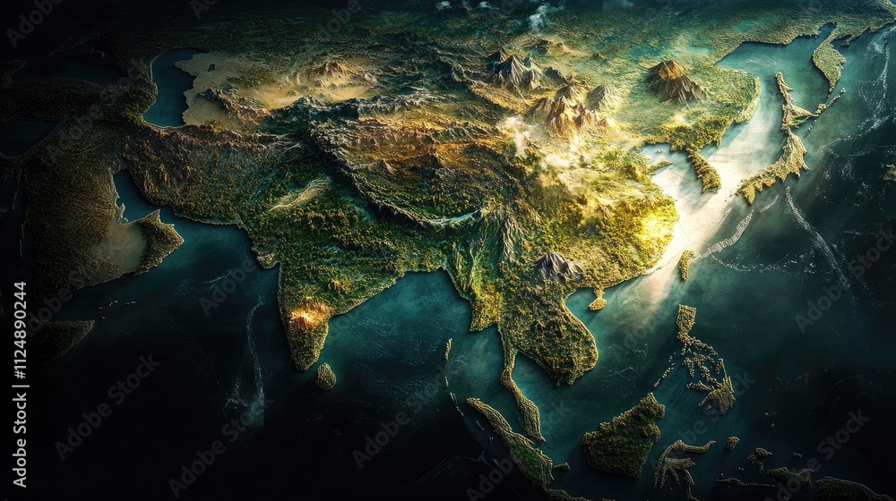 An eco-themed outline map of Asia illustrating different climate zones ...