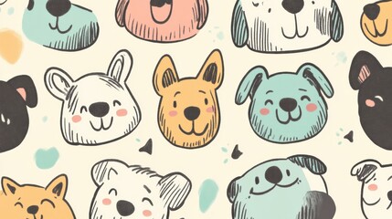 Poster - This delightful doodle pattern showcases cheerful dog faces in a playful style, perfect for incorporating your text and designs. Generative AI