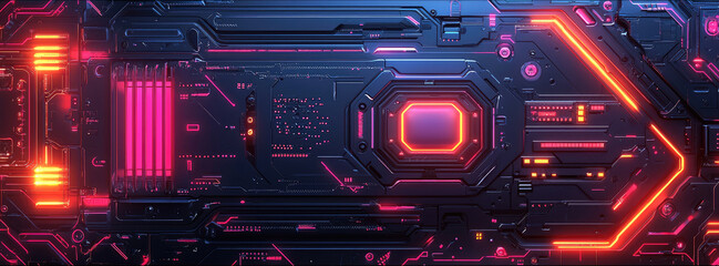 Wall Mural - futuristic neon circuit board with glowing orange and pink lights in high-tech design