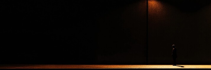 Aufkleber - A lone person walks along an empty street at night, shadows stretching under warm streetlight glow, surrounded by darkness above. Generative AI