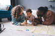 © BullRun - Heartwarming scene of multicultural family adventure planning. Young child exploring city map with parents discovering new places together sharing curiosity and learning during Authentic moment