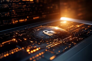 digital security concept featuring a glowing lock symbol in a futuristic environment with error code