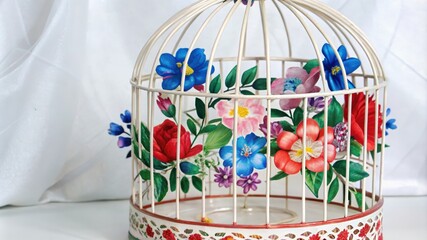 Poster - White Birdcage Adorned with Colorful Flowers