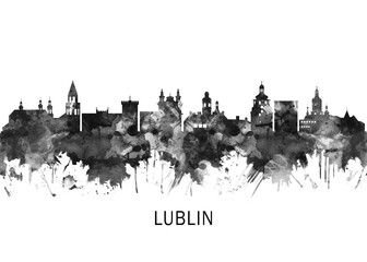 Wall Mural - Lublin Poland Skyline BW, cityscape landscape watercolor painting print abstract splash illustration art modern urban poster artwork landmarks skyscrapers