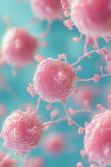 Wall Mural - close-up of pink biological cells with soft focus on a turquoise background, illustrating cellular s