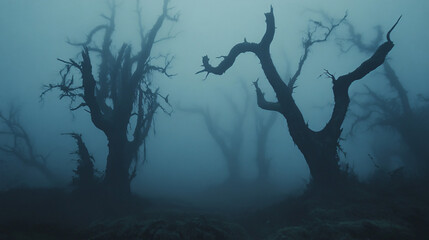 Wall Mural - Creepy silhouettes of trees against a foggy backdrop, ominous and eerie.