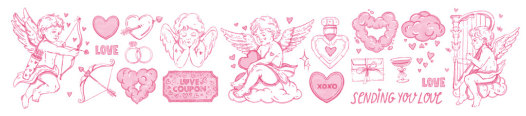 valentine day cherub print set, vector romantic holiday sticker collection, cute baby angel, cloud. 