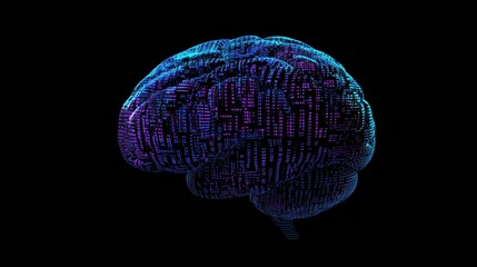 Aufkleber - Visual representation of a futuristic brain constructed from vibrant blue and purple digital grids, emphasizing the complexity of technology. Generative AI
