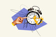 © deagreez - Composite trend artwork sketch image photo collage of huge clock time deadline timepiece fired burn flame hand gesture finger point show