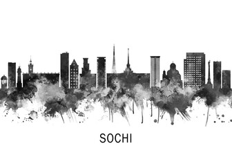 Sochi Russia Skyline BW, cityscape landscape watercolor painting print poster abstract splash illustration urban art modern downtown landmarks skyscrapers