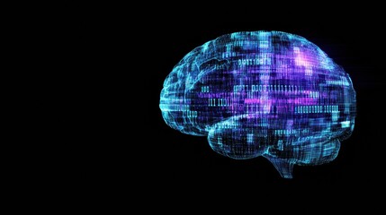 Leinwandbilder - A complex brain structure composed of radiant blue and purple digital grids and binary code occupies an empty space for text, emphasizing technology. Generative AI