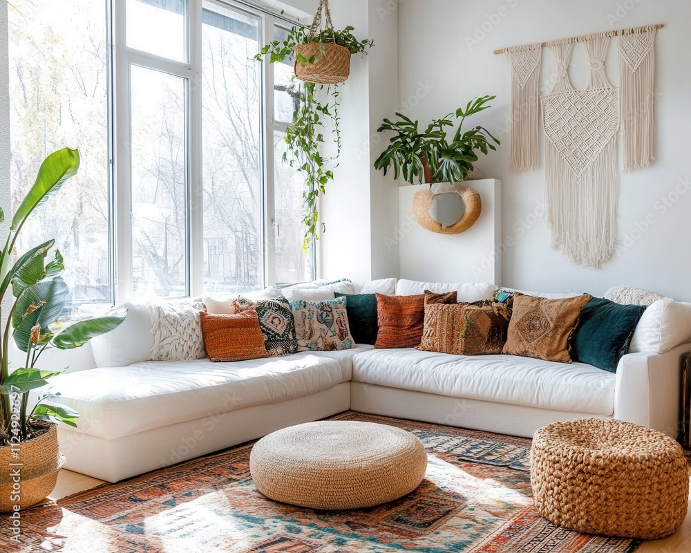 Layered Rugs and Macramé Art in Boho Living Room Stock Photo | Adobe Stock