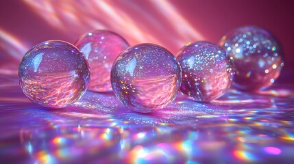 Wall Mural - Iridescent Glass Balls on Pink Holographic Surface