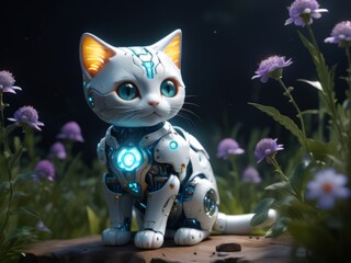  Futuristic robotic cat exploring a serene garden filled with flowers