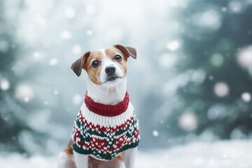 Poster - A joyful dog in a colorful winter sweater enjoys the snowy outdoors, surrounded by a serene winter wonderland filled with falling snowflakes. Generative AI
