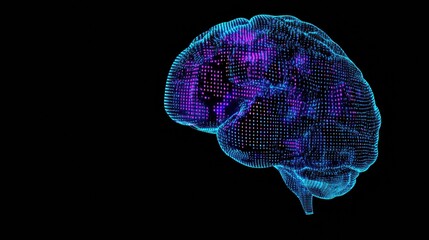 Fototapete - A glowing brain constructed from digital grids and binary code showcases advanced technology in a dark background, perfect for futuristic themes. Generative AI
