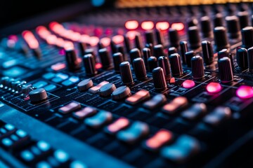 Close-up of a vibrant audio mixing console. The colorful buttons and knobs create an energetic atmosphere. This image captures the essence of sound production. Generative AI