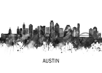 Austin Texas Skyline BW, travel art illustration urban modern downtown landmarks skyscrapers artwork abstract architecture digital office home decor