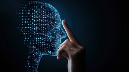 Poster - Human silhouette made of glowing dots with a hand touching the forehead, representing technology, innovation, and digital transformation in a futuristic setting