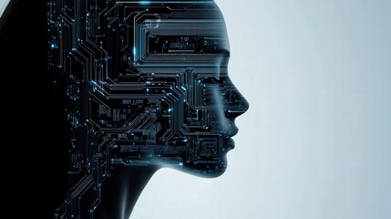 Poster - Abstract Representation of a Female Silhouette Merged with Futuristic Circuit Patterns, Symbolizing the Intersection of Technology and Human Intelligence