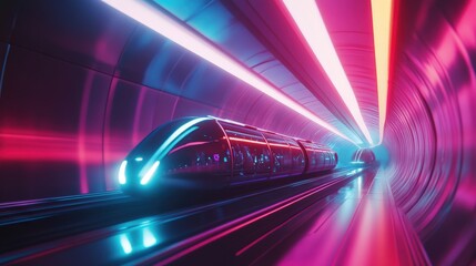 Poster - Futuristic High-Speed Train Traveling Through Neon-Lit Tunnel with Vibrant Colors and Motion Blur, Representing Modern Transportation and Technology Innovations