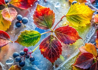 Wall Mural - Captivating Tilt-Shift Photography of Multi-Colored Autumn Leaves of Wild Grapes Enveloped in Ice, Showcasing the Beauty of Nature's Seasonal Transformations