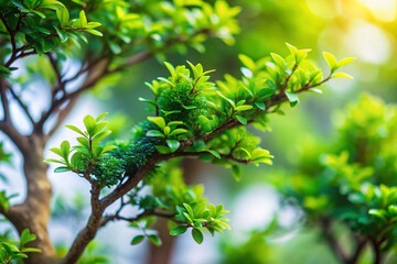 Wall Mural - Captivating Tilt-Shift Photography of Natural Green Leaves and Branches on a Clean White Background, Perfect for Nature Themes and Organic Designs