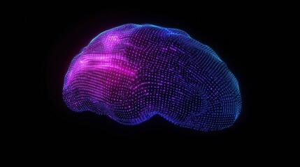 Fototapete - A glowing blue and purple grid digital brain displays advanced tech on a dark background, ready for text input. Generative AI