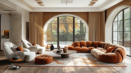 Wall Mural - Cozy living room featuring modern furniture with warm tones and large windows showcasing a lush garden view. Generative AI