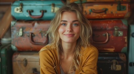 Wall Mural - Smiling young woman poses playfully among colorful vintage suitcases in a cozy travel-inspired setting. Generative AI