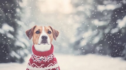 Poster - A cute dog wears a festive sweater while sitting in front of a snowy landscape, embodying the joy and warmth of winter celebrations. Generative AI