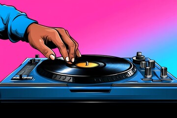 Aufkleber - A clean illustration of a DJ hand scratching a record on a turntable, drawn with simple, bold lines and soft gradients