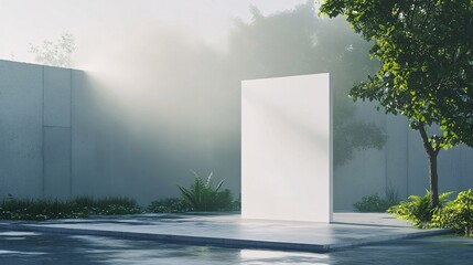 Poster - White display standing in a misty garden with concrete wall
